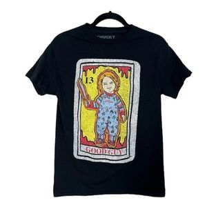 CHUCKY Good Guy Whimsygoth Horror Distressed Print Black Tee size Small